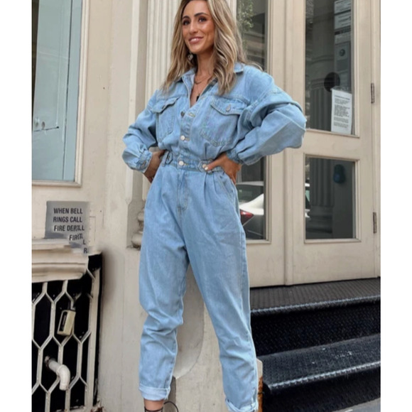 12th Tribe Pants - 12th Tribe Denim Jumpsuit Women's M/L Light Wash Button Up Collared Long Sleeve